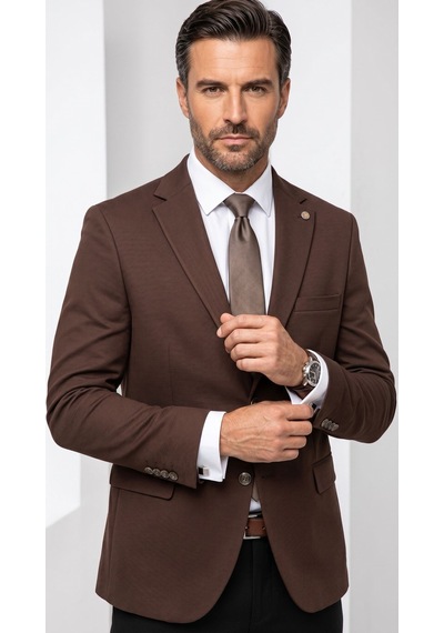Plus Scorpion Erkek Slim Fit Çift Düğme Çift Yırtmaçlı Blazer Ceket Premium Dokulu Kumaş Kahverengi
