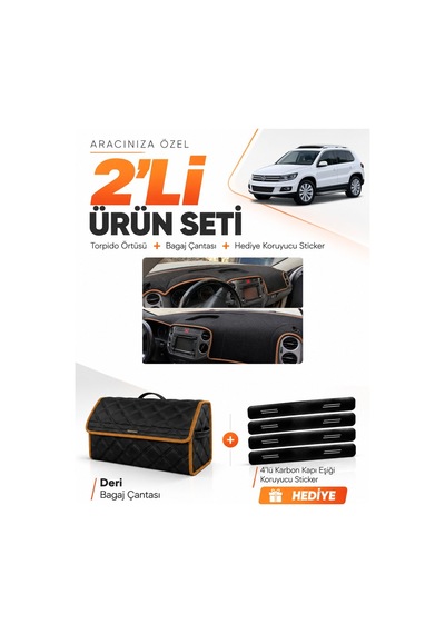 Volkswagen Tiguan 2007-2015 Uyumlu Torpido Örtüsü + Deri Çanta + Sticker - Siyah Kahverengi