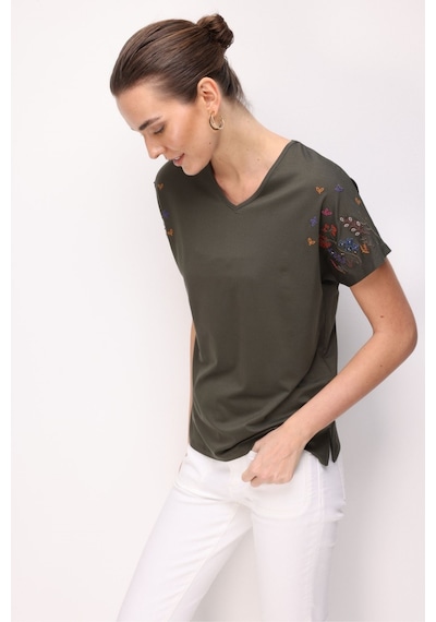Kadın V Yaka Nakış İşlemeli Düşük Kollu Penye T-shirt Haki Haki