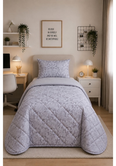 Elegant, Kapitone Tek Kişilik Yatak Örtüsü / Pike Gri Çift Yönlü Kullanım Çok Amaçlı Örtü 160x200 Cm 1 Adet Yastık Kılıfı
