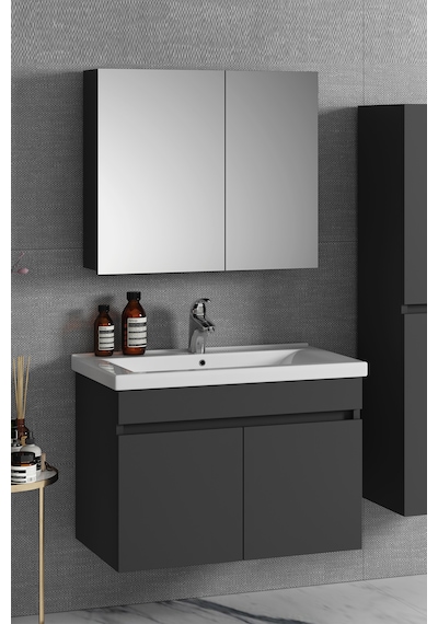 Çiğdem 80 Cm Antrasit Gri Mdf Seramik Lavabolu Asma Banyo Dolabı Antrasit - Gri