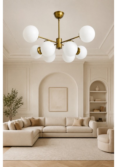 İbiza 8'li Eskitme Renk Beyaz Glob Camlı Modern Sarkıt Avize Oturma Odası Salon Antre Eskitme Eskitme