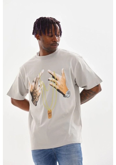 Erkek Baskılı T-shirt Kısa Kol Bisiklet Yaka Rahat Kalıp Tişört - Gri Gri