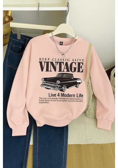 Benroma 3 İplik Penye Vıntage Baskılı Unisex Sweatshırt Pembe