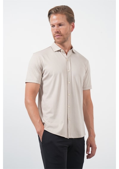 İmza Bej İtalyan Yaka Kısa Kol Cepsiz Slim Fit Pamuklu Gömlek 1004260158 Koyu Bej