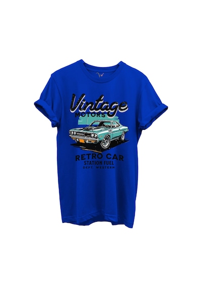 Vintage Motors Yazılı Retro Araba Baskılı %100 Pamuk Regular Fit Unisex T-shirt Mavi