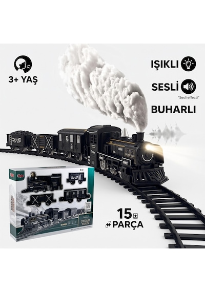 Klasik Buharlı Lokomotif Tren Seti - Işıklı, Sesli Ve Buharlı Dev Set 15 Parça