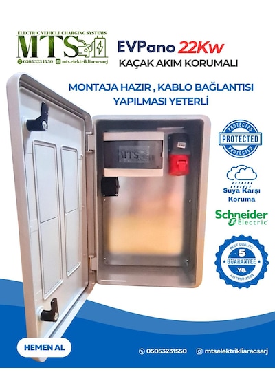 MTSevcharger 22kW Trifaze Schneider Kilitlenebilir Kombinasyon Kutusu Panosu Kaçak Akım Röleli 5x32A IP66 Dış Ortama Uygun