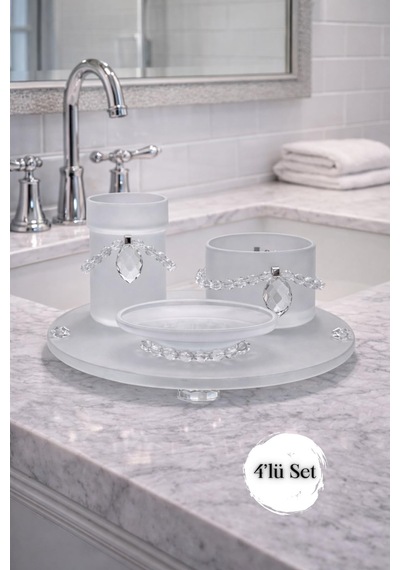 Modern Kristal Detaylı 4 Lü Tepsili Banyo Aksesuar Seti Beyaz