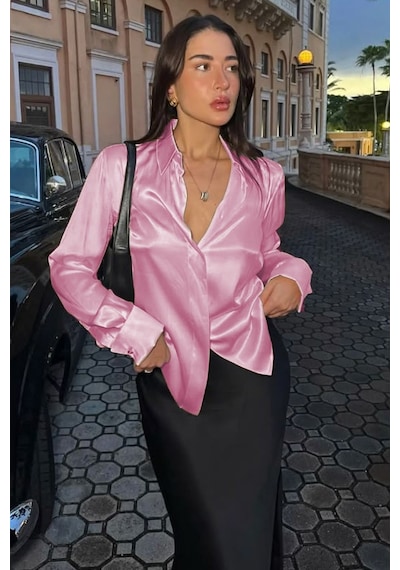 Madmext Pembe Gizli Düğmeli Şık Kadın Saten Gömlek Mg2675 Pembe