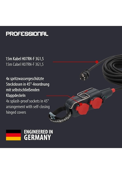 Brennenstuhl Profesyonel Powerblock Serisi Ip54 Lisanslı Asma Aparatlı 4 Soketli 15 Metre Kablolu Seyyar Uzatma Priz H07rn-f 3g1.5