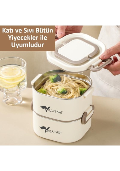 Valkyrie 1300 Ml 2 Katlı Paslanmaz Çelik Yemek Kabı Termal Taşıma Çantalı, Sızdırmaz, Bpa İçermez Krem