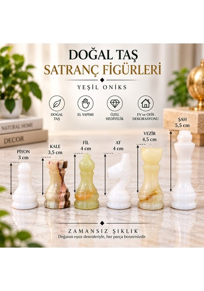 Yeşil Oniks Doğal Taş Satranç Takımı 10 İnç 25x25 Cm Dekoratif Hediyelik Satranç Seti