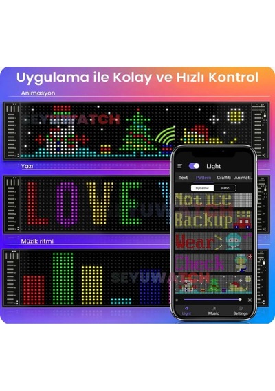 Araç Led Matrix Cama Yapışkanlı Telefonla Kontrol Edilebilen Kişiselleştirilebilir Uzaktan Kumandalı