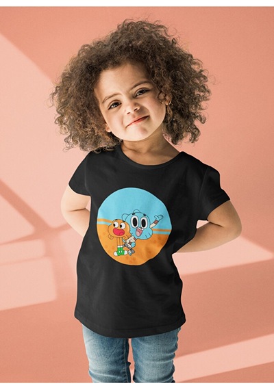 Sevbano Darwin Ve Gumball Baskılı Unisex Çizgi Film Çocuk Tişört 1-12 Ya Siyah