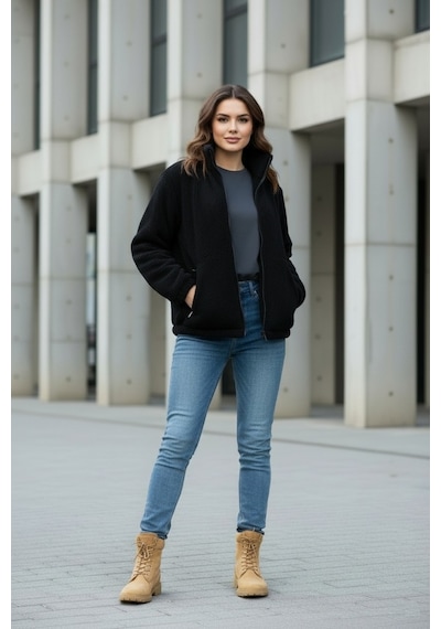 Kadın Oversize Peluş, Polar, Fermuarlı, Teddy Dik Yaka, Sıcak Tutucu Yumuşak Kışlık Ceket Siyah