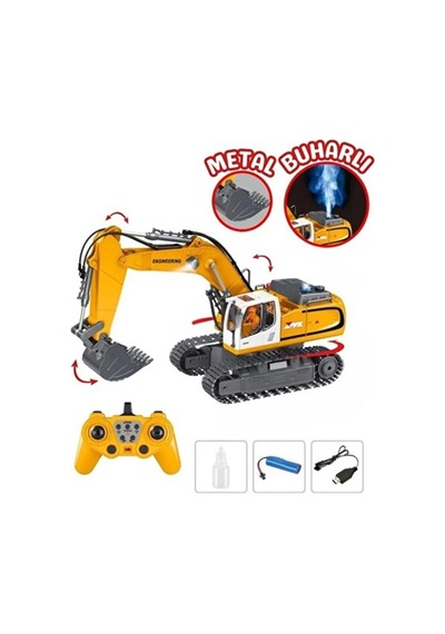 1:18 Uzaktan Kumandalı Full Fonksiyon Şarjlı Işıklı Kepçe Buharlı 11 Kanal Kazıcı Kepçe Büyük Boy Sarı - Turuncu