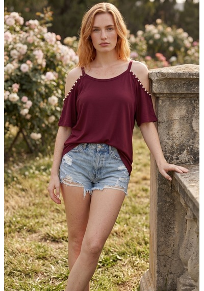 Soulshae İnci Askılı Kısa Kollu Bluz Bordo