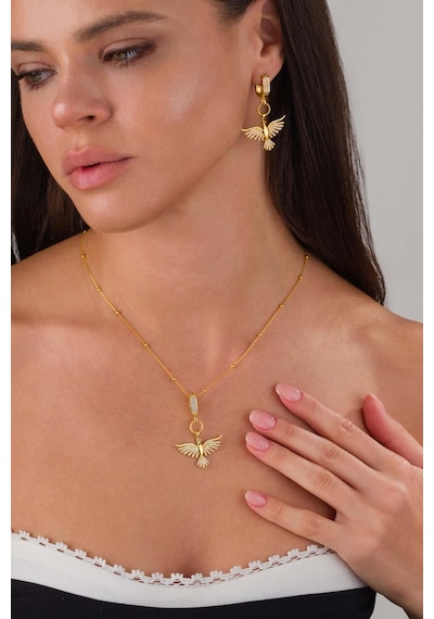 Gümüş Pazarım Altın Kaplama 925 Ayar Gümüş Top Zincirli Anka Kuşu Kolye Küpe Set 06844948