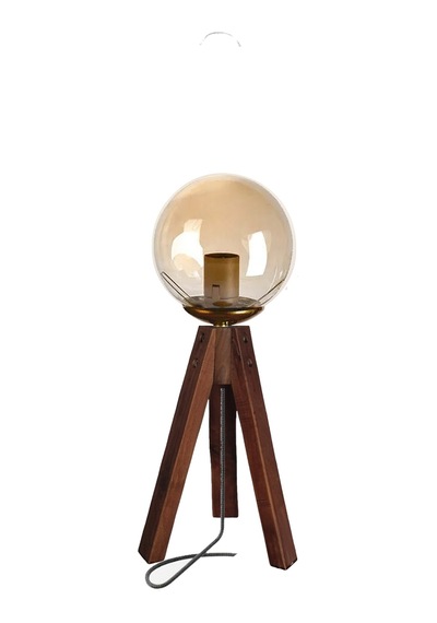 Modern Ahşap Ayaklı Cam Başlıklı Tripod Abajur Masa Lambası Mavi