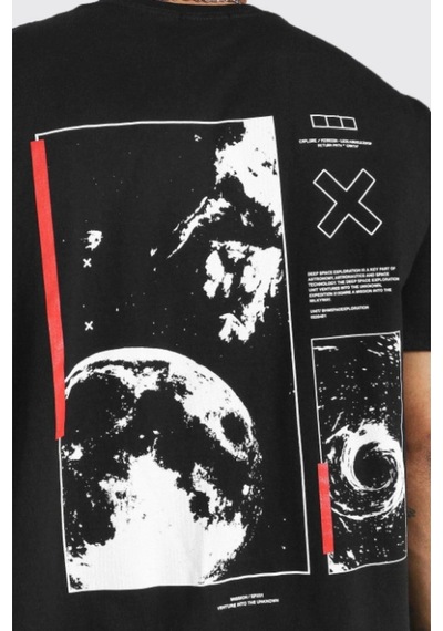 Tarzsokak Siyah Uzay Sırt Baskılı Bisiklet Yaka Oversize T-shirt Siyah