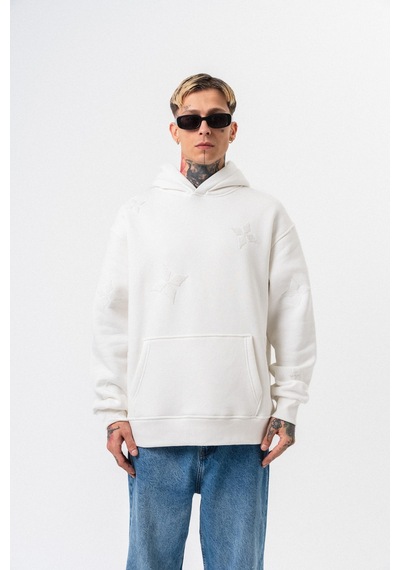 Respire Erkek Süzene Nakış Detaylı Kapüşonlu Oversize Hoodie Ekru