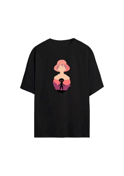One Piece - Hasır Şapka - Luffy Anime Unisex Siyah - Beyaz Oversize T-shirt SIYAH
