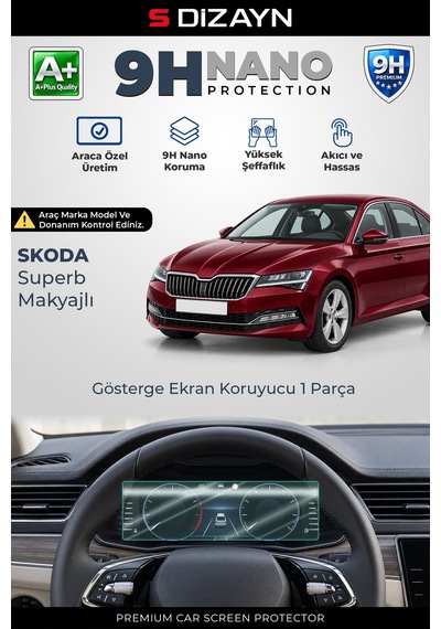 S-dizayn Skoda Superb Makyajlı 10.25 İnç 9h Nano Gösterge Ekran Koruyucu Parlak 2019-2023 A+ Kalite