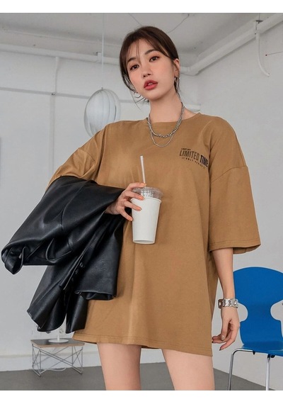 Flood Of Style Kadın Camel Oversize Limited Time Baskılı Tshirt Kahverengi