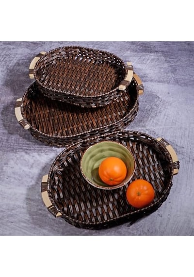 Wicker Serisi 3 Lü Hasır Örme Oval Tepsi Seti