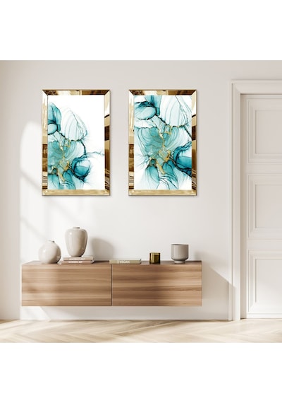 Gold Aynalı Pleksi Çerçeveli Modern Su Yeşili Soyut Dekoratif Desenli İkili Mdf Tablo Seti