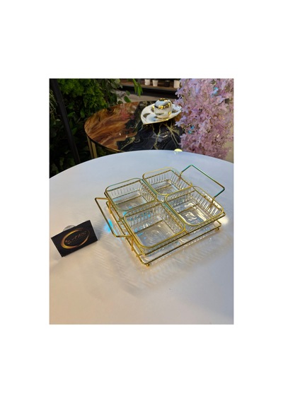 Ars Paşabahçe Frezya Yaldızlı Kare Kase, Metal Gold Standlı 4'lü Çerezlik, Sunumluk, Kahvaltılık