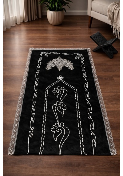 Fransız Güpürlü Nakış İşlemeli Çeyizlik Gelin Damat Seccadesi Elyaf Dolgulu 70x110 Ebat Siyah