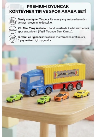 Premium Oyuncak Konteyner Tır Ve Spor Araba Seti - 4'lü Sürtünmeli Mini Yarış Arabalı Tır Taşıyıcı