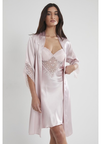 Pierre Cardin 4240 Kadın Saten Dantelli Gecelik&sabahlık Takım - Pudra Pudra