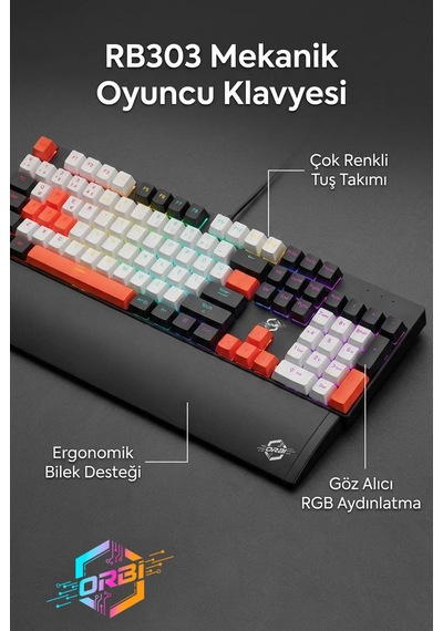 E-sport Uyumlu Ergonomik Bilek Destekli Türkçe Q Multimedya Rgb Blue Switch Oyuncu Klavye Rb303