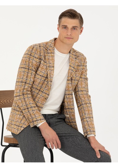 Cacharel Sarı Slim Fit Ekose Yün Karışımlı Spor Ceket Sari