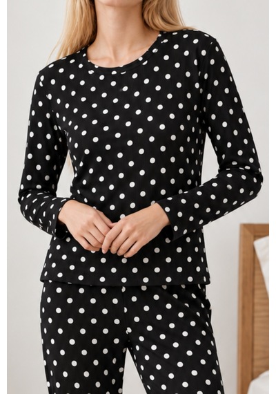 Kadın Desenli İkili Siyah Rahat Pijama Takımı 4814