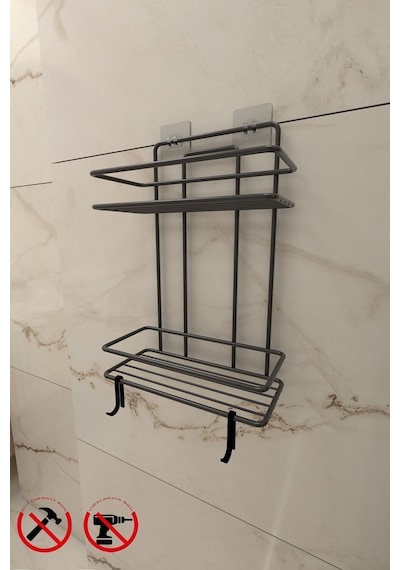Alper Banyo Siyah 3 Raflı Düz Banyo Şampuanlığı, Yapışkanlı