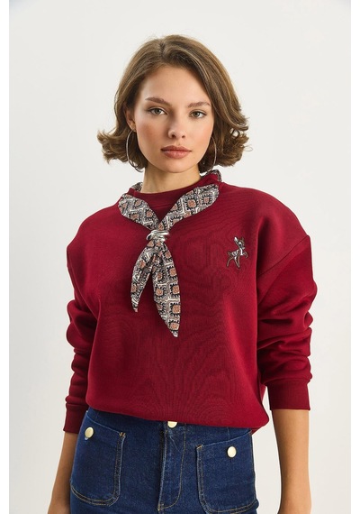 Shade Kadın Fular Detaylı Ceylan Nakışlı Üç İplik Şardonlu Oversize Sweatshirt 6916 60283615 - Bordo