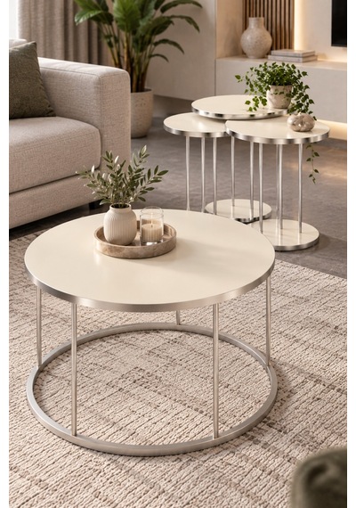 Sulorahome Gümüş Metal Ayaklı Krem Renkli 4'lü Sehpa Seti