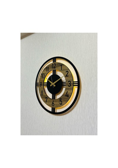 Pey Aksesuar Işıklı Ahşap Duvar Saati 48 Cm Dekoratif Modern Tasarım Kahverengi
