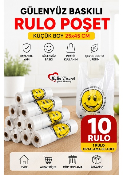 Baskılı Rulo Poşet Küçük Boy 10'lu Gülenyüz Hışır Atlet Poşet Market Manav Poşeti Çöp Poşeti