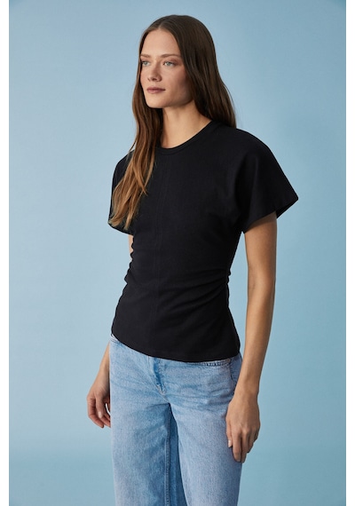 Ethıquet Nexus Kadın Regular Fit Bisiklet Yaka Büzgü Detaylı Siyah T-shirt