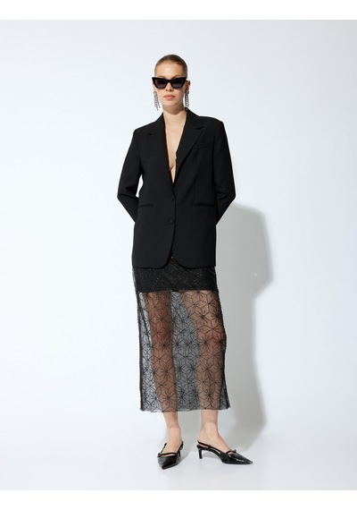 Koton Taşlı Astarlı Slim Fit Midi Boy Kalem Tül Etek Siyah 5wak70026fk Siyah