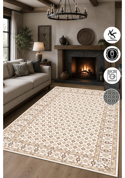 Kilim Desen Baskılı Kaymaz Yıkanabilir Salon Oturma Odası Mutfak Balkon Halısı Yolluk Bej