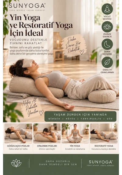 3 Lü Yoga Meditasyon Seti Karabuğday Dolgulu Zafu Minder, Bolster Ve Lavantalı Göz Yastığı Ekru