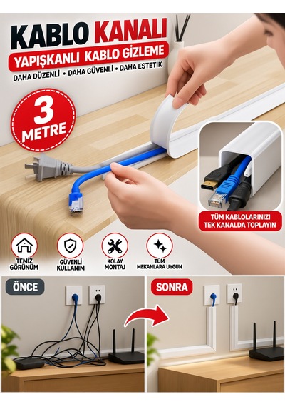 Mucit Home Kablo Kanalı 3 Metre - Yapışkanlı Kablo Gizleme Ve Kablo Düzenleyici Organizer
