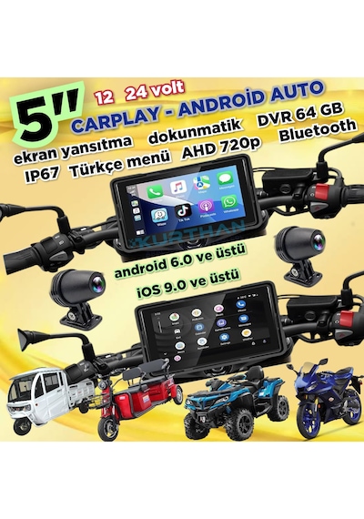 2 Tekerli Araçlar İçin 5'' Dvr Monitör + Ön Ve Arka Kamera Carplay Ve Android Auto