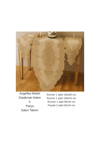 Angelika Model 236 Simli Gold 5 Parça Keten Dantelli Masa Örtüsü Runner Seti - 150x 60 Cm Çok Renkli